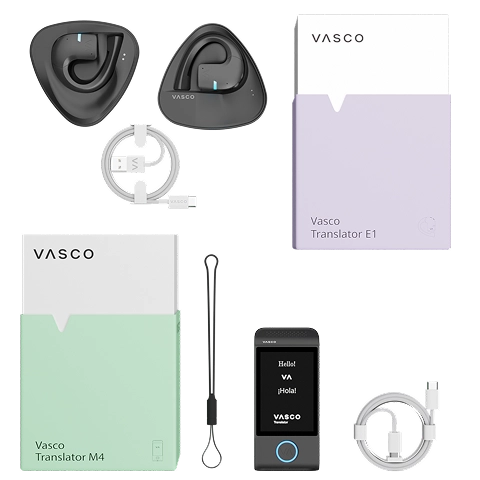 The Vasco Translator E1 set – including two wireless translation earbuds, charging cable, user guide, protective pouch, and packaging – displayed alongside the Vasco Translator M4 box, complete with its lanyard and charging cable.