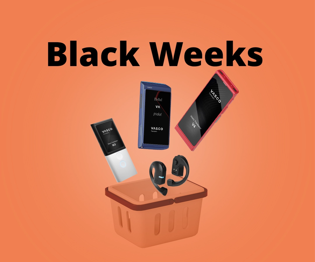 Vasco V4, Q1, M3, and E1 translators falling into a shopping cart against an orange background. 