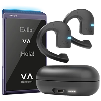 Vasco Q1 Translator bundle featuring a purple Vasco Q1 translator with LED display and VA logo on the screen, along with black Vasco E1 translation earbuds and a charging case. 