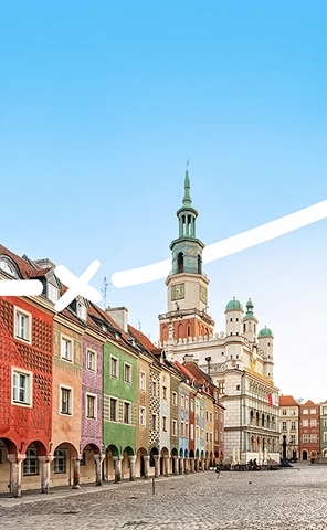 View of the city of Poznań with colorful historic townhouses.