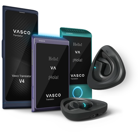 Side view of Vasco devices: Vasco Translators V4, Q1, M4, and E1 displayed next to each other.